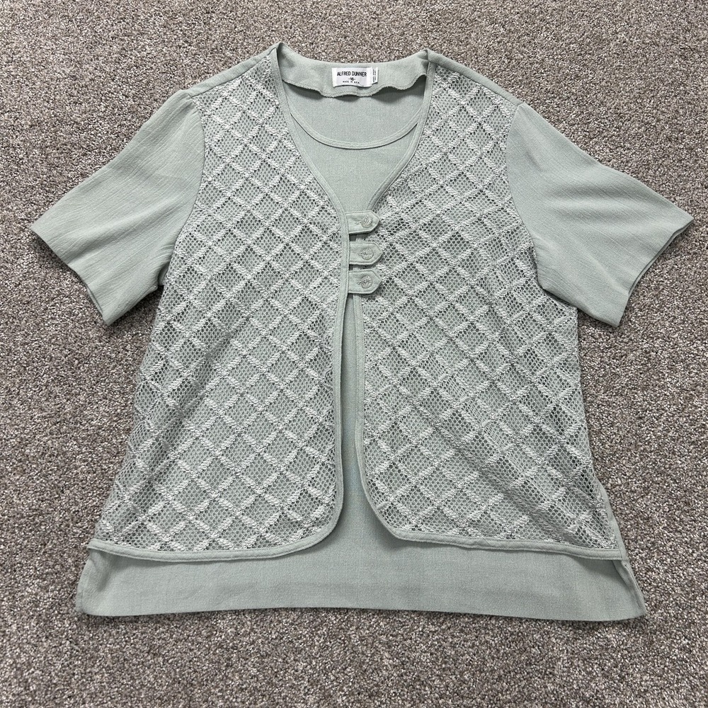 Alfred Dunner Blouse Womens 16 Green Crochet Button Scoop Neck Top Short Sleeve